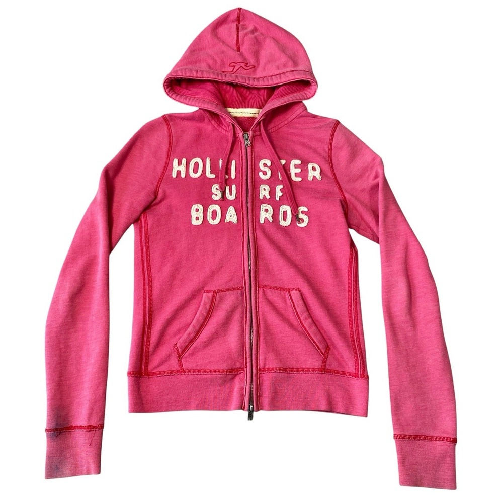 Hollister Sweatshirt Womens Medium Pink Hooded Hoodie Pocket Logo Full Zip Y2K